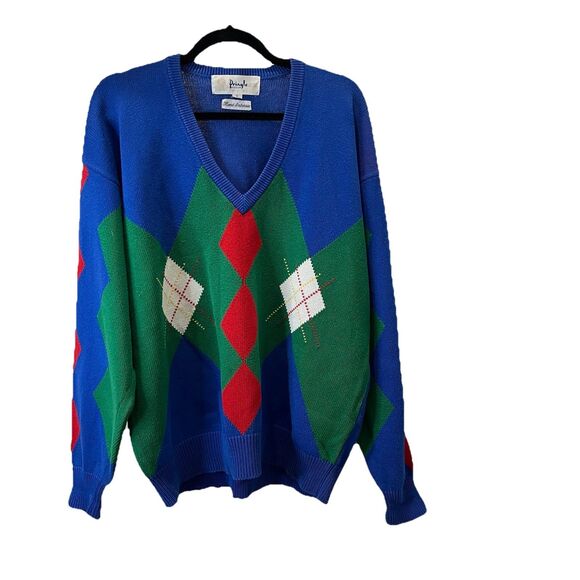 Pringle of Scotland Vintage V Neck Sweater Argyle Golf Style Cotton Mens Size L - Picture 1 of 9
